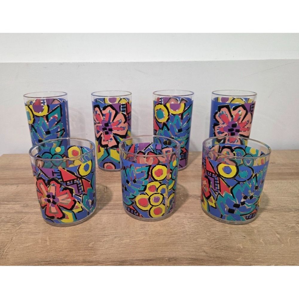 Set of 7 Vintage 1992 AMC Acrylic Tumblers Glasses Tropical Beach Pool Safe